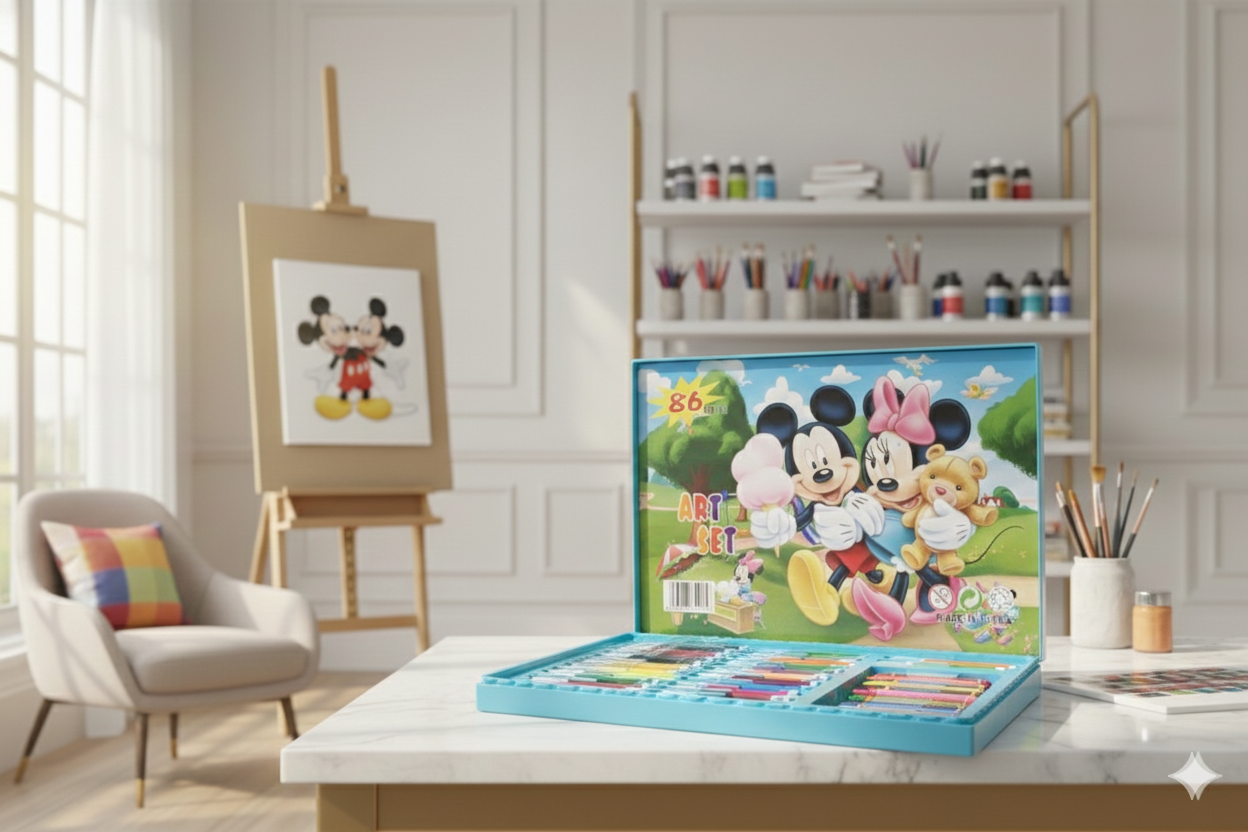 86 Pcs Kids Art Set – Drawing & Coloring Kit (Mickey & Minnie Theme) Available At Cuddle Card