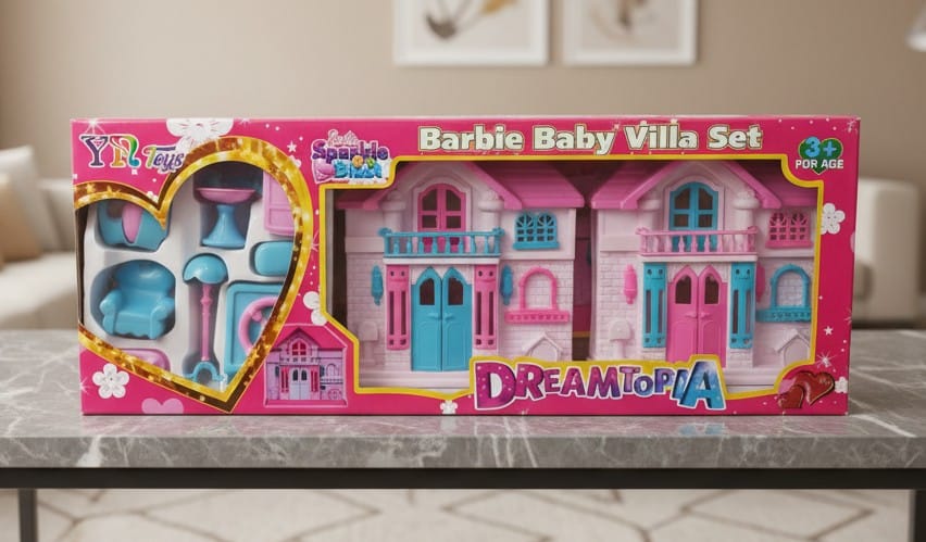 YN Toys Barbie Sparkle Bling Dreamtopia Baby Villa Dollhouse Playset - Pink Fantasy Home with Furniture - Toy for Girls 3+ Available At Cuddle Card